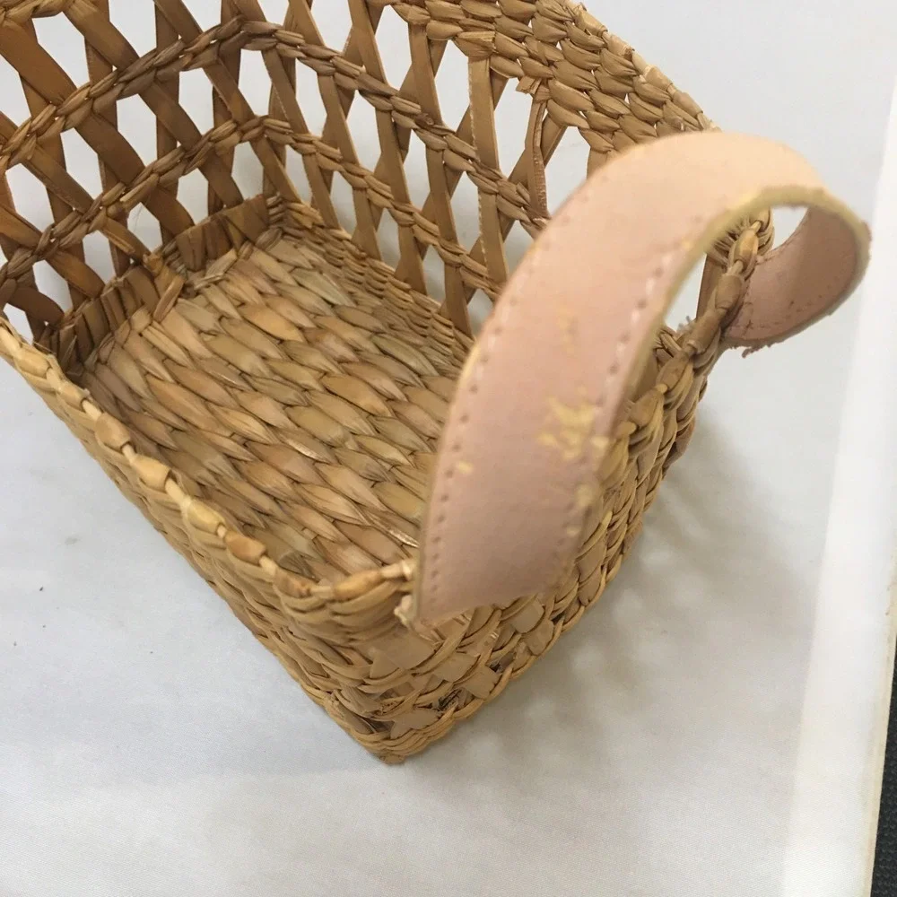 Woven Straw Basket Small Tan Faux Leather Handle Lattice Design Rectangle